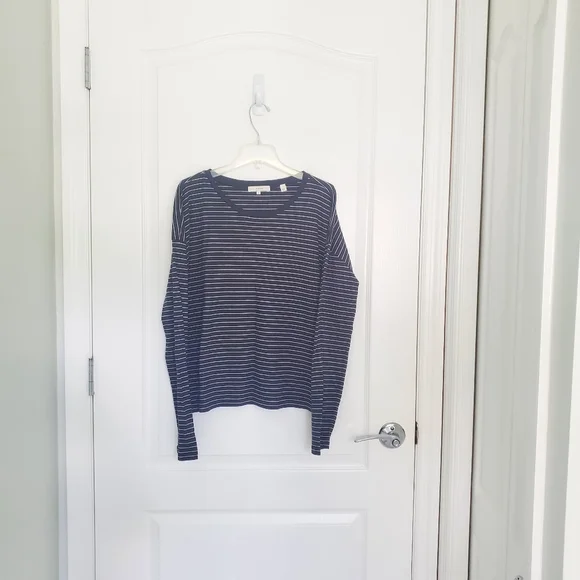 Vince Navy Blue Cotton Knit Striped Crew Neck Boxy Cut Long Sleeve T-Shirt S - Picture 2 of 12